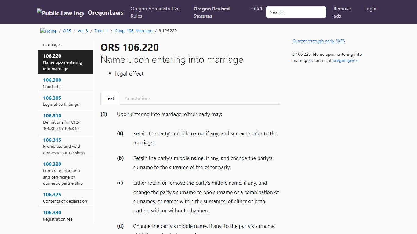 ORS 106.220 – Name upon entering into marriage; legal effect